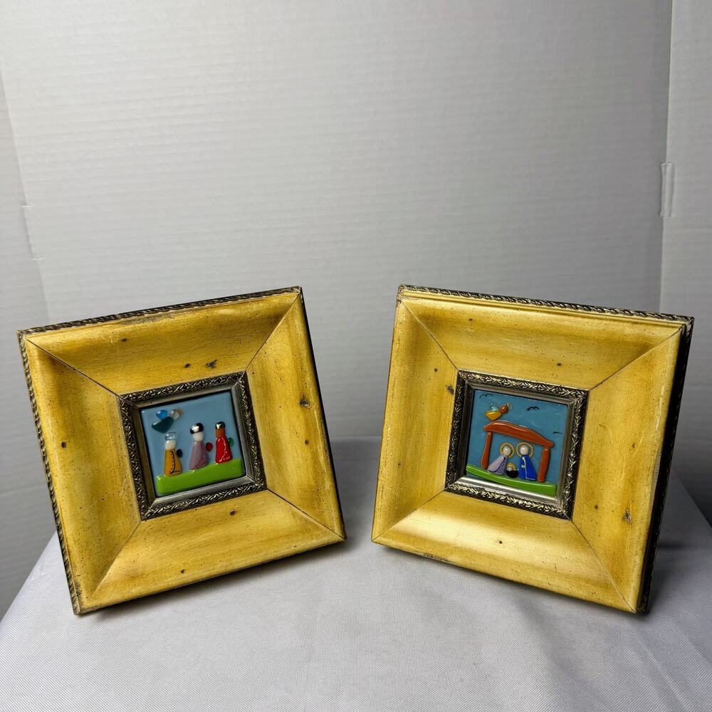 VTG Signed Puerto Rico Fused Glass Framed Nativity Set 2 Holy Tiny Art 7x7 Gift